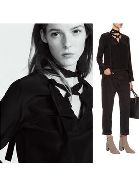 SANDRO Silk Tie Neck Blouse Black Long Sleeve 18ptp XS Small Fit